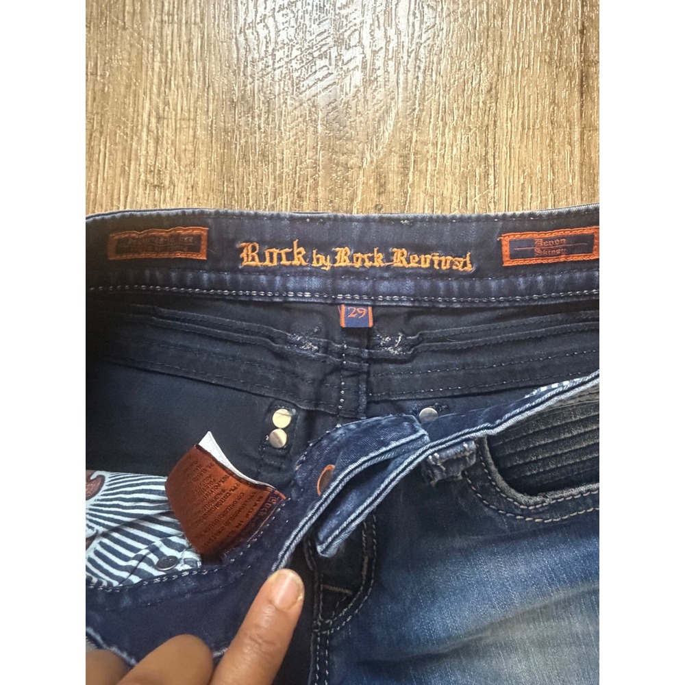 Rock by Rock Revival Devon Skinny Jeans Blue Stretch Moto Frayed Hem Size 29 - Picture 2 of 15